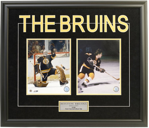 Boston Bruins Gerry Cheevers & Bobby Orr Double Framed 8x10 Licensed Photos -