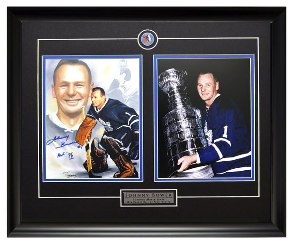 Toronto Maple Leafs Johnny Bower Collage Autographed & Holding The Cup Unsigned Framed 8x10 Photos